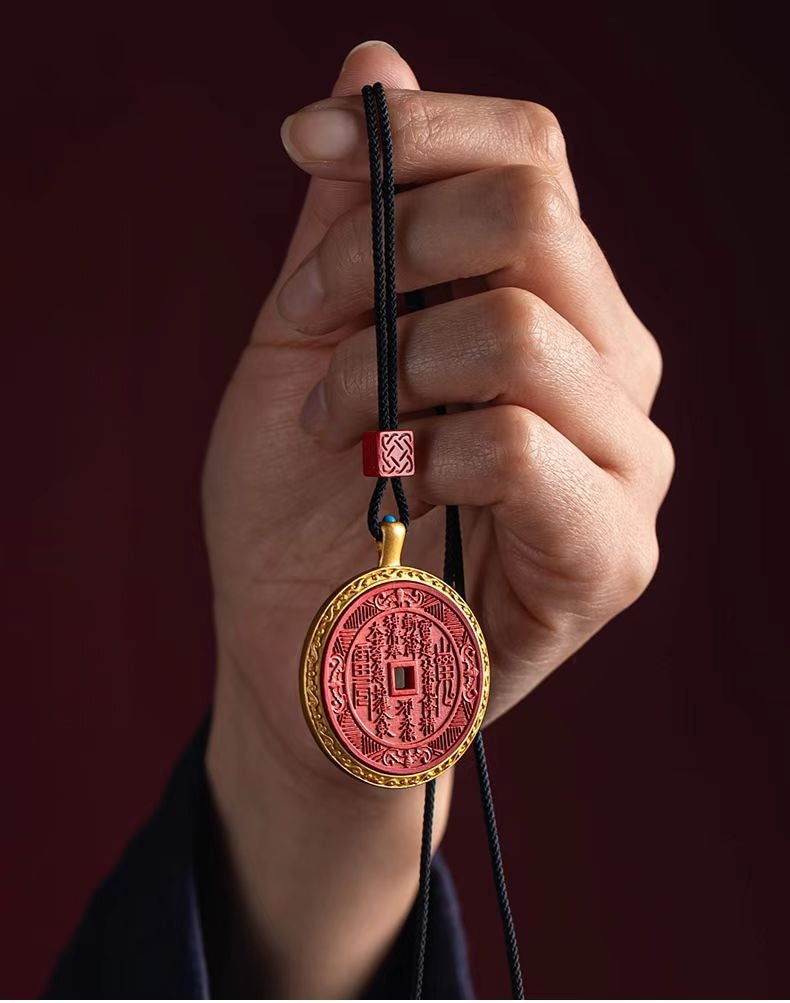 Shan Gui Talisman Pendant | 鑲銀鍍金硃砂山鬼花錢